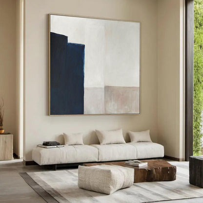 Minimalist Navy Blue Abstract Painting – Beige and Cream Geometric Wall Art