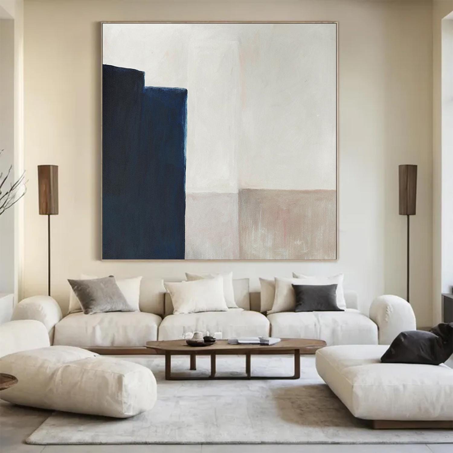 Minimalist Navy Blue Abstract Painting – Beige and Cream Geometric Wall Art