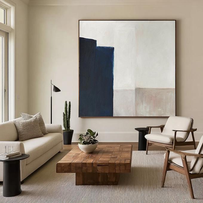 Minimalist Navy Blue Abstract Painting – Beige and Cream Geometric Wall Art