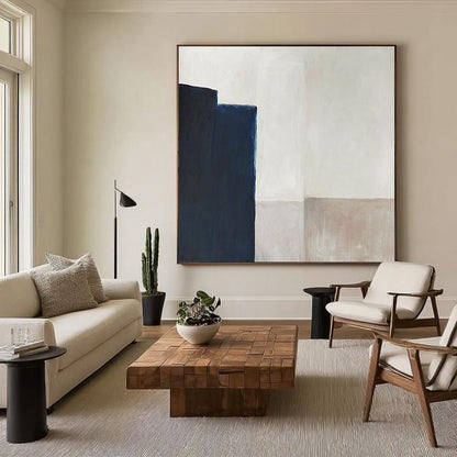 Minimalist Navy Blue Abstract Painting – Beige and Cream Geometric Wall Art