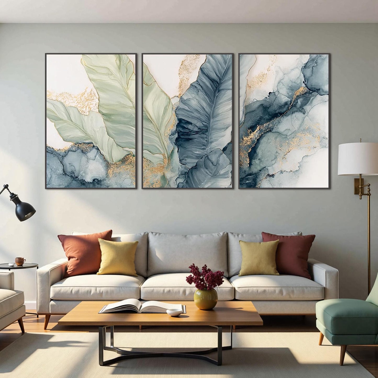 Triptych Botanical Wall Art – Blue and Green Floral Wall Art | Abstract Painting, view 4