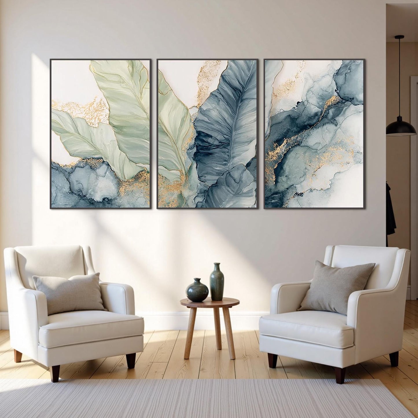 Triptych Botanical Wall Art – Blue and Green Floral Wall Art | Abstract Painting, view 5