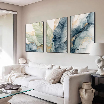 Triptych Botanical Wall Art – Blue and Green Floral Wall Art | Abstract Painting, view 2
