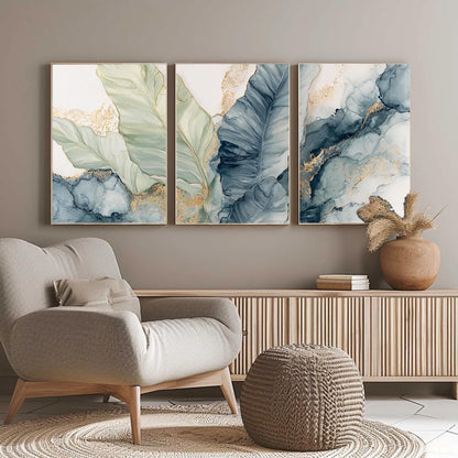 Blue and Green Abstract Floral Wall Art – Triptych Botanical Wall Art