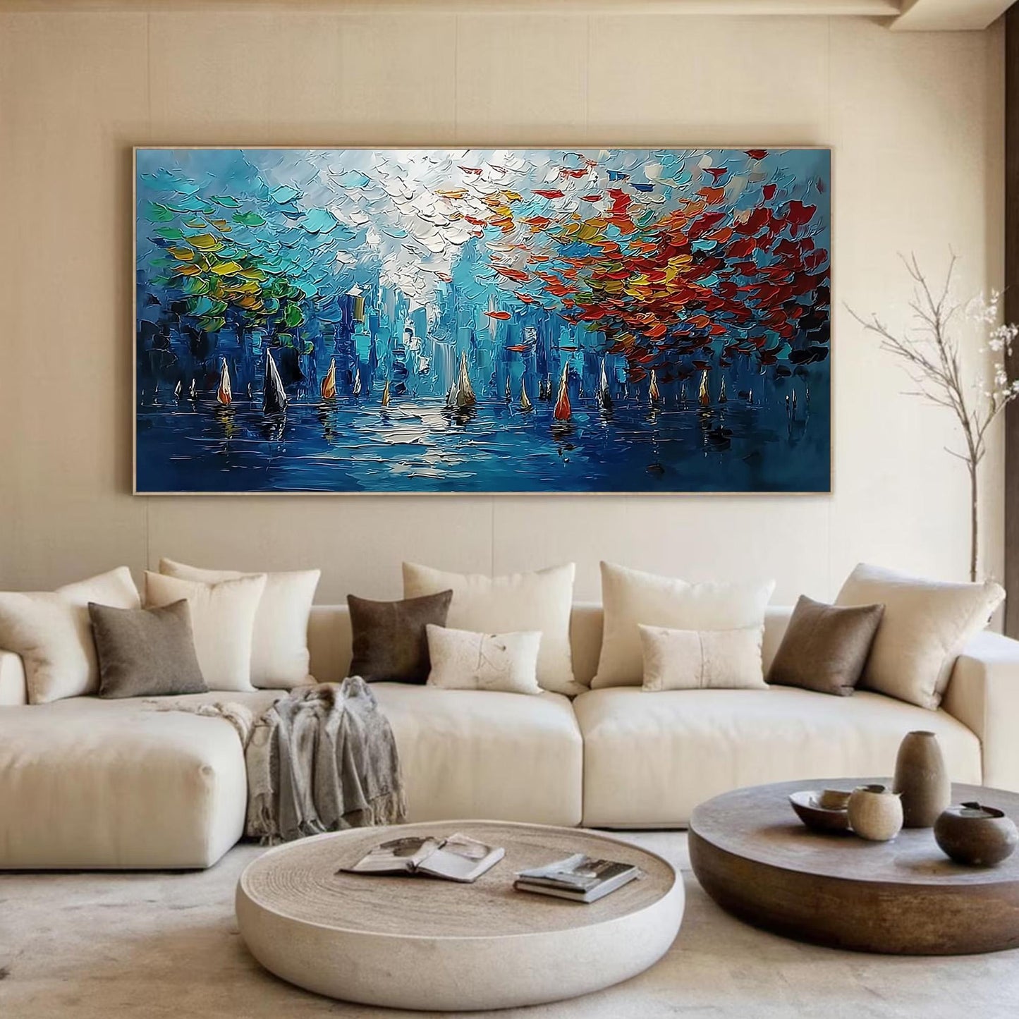 Impressionist Sailboat Harbor Oil Painting – Blue and Green Sailboat 3D Texture Wall Art | Palette Knife Hand-Painted Oil Pai