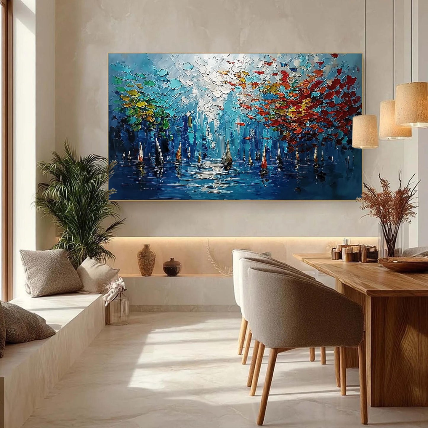 Impressionist Sailboat Harbor Oil Painting – 3D Texture Wall Art