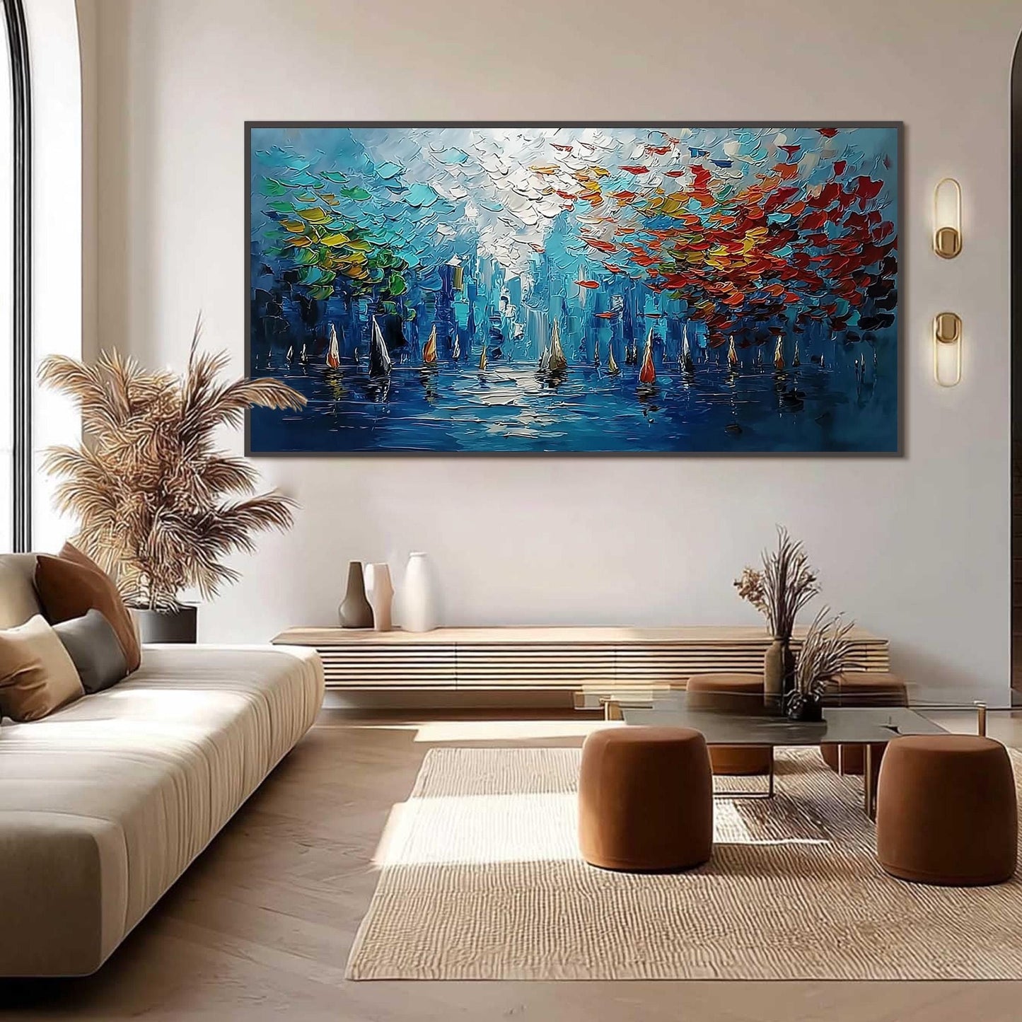 Impressionist Sailboat Harbor Oil Painting – 3D Texture Wall Art