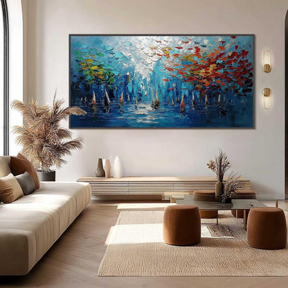 Impressionist Sailboat Harbor Oil Painting – 3D Texture Wall Art