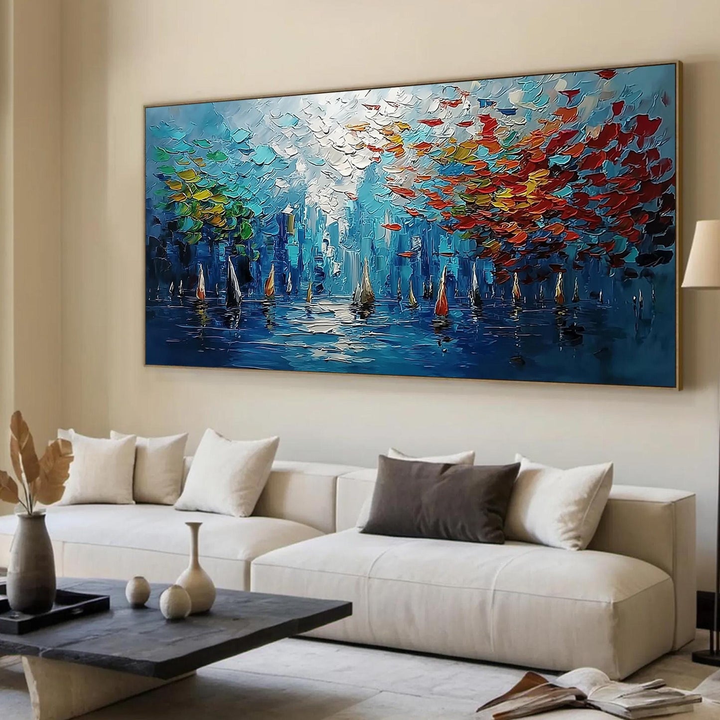 Impressionist Sailboat Harbor Oil Painting – Blue and Green Sailboat 3D Texture Wall Art | Palette Knife Hand-Painted Oil Pai