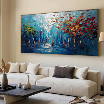 Impressionist Sailboat Harbor Oil Painting – Blue and Green Sailboat 3D Texture Wall Art | Palette Knife Hand-Painted Oil Pai