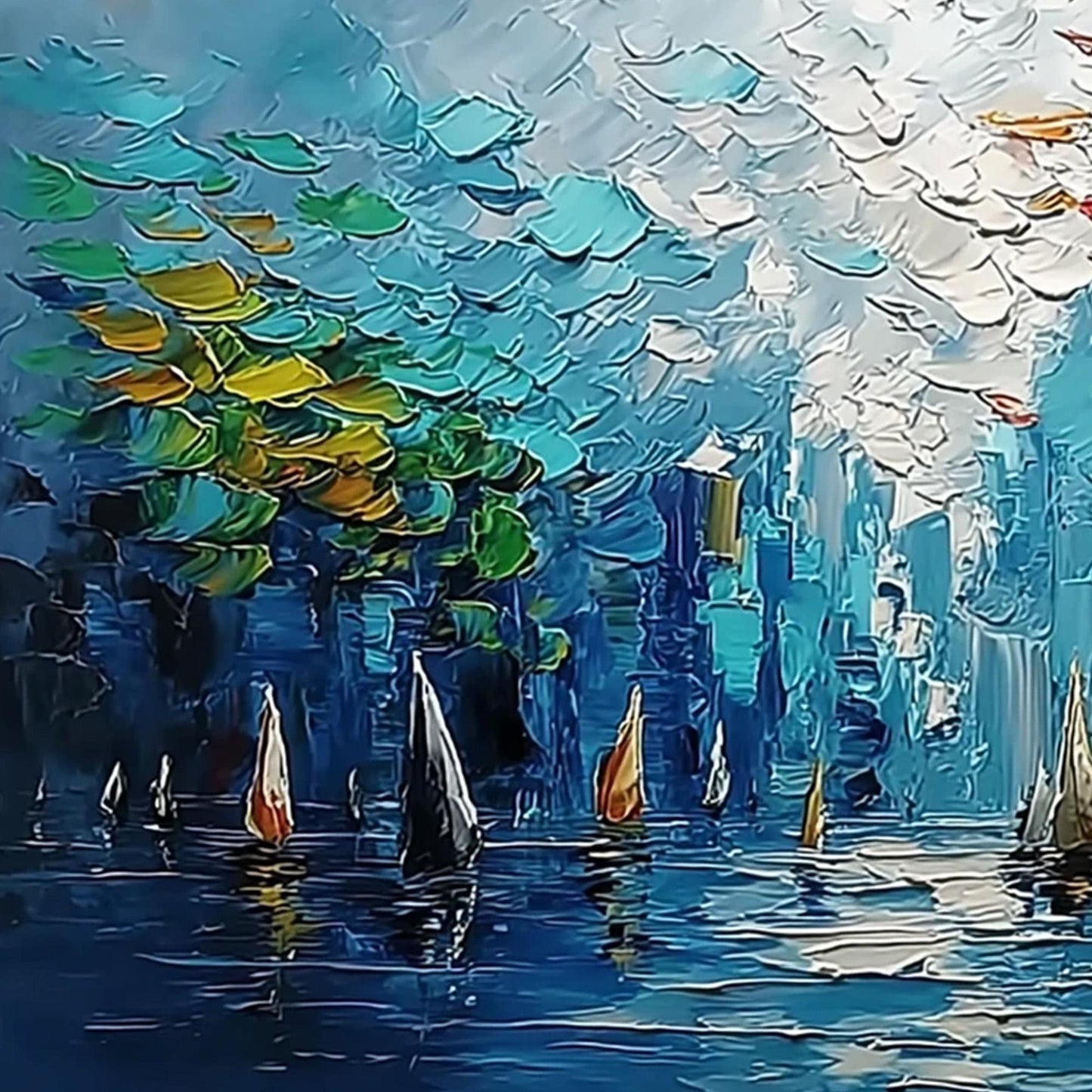 Impressionist Sailboat Harbor Oil Painting – 3D Texture Wall Art
