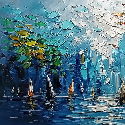 Impressionist Sailboat Harbor Oil Painting – 3D Texture Wall Art