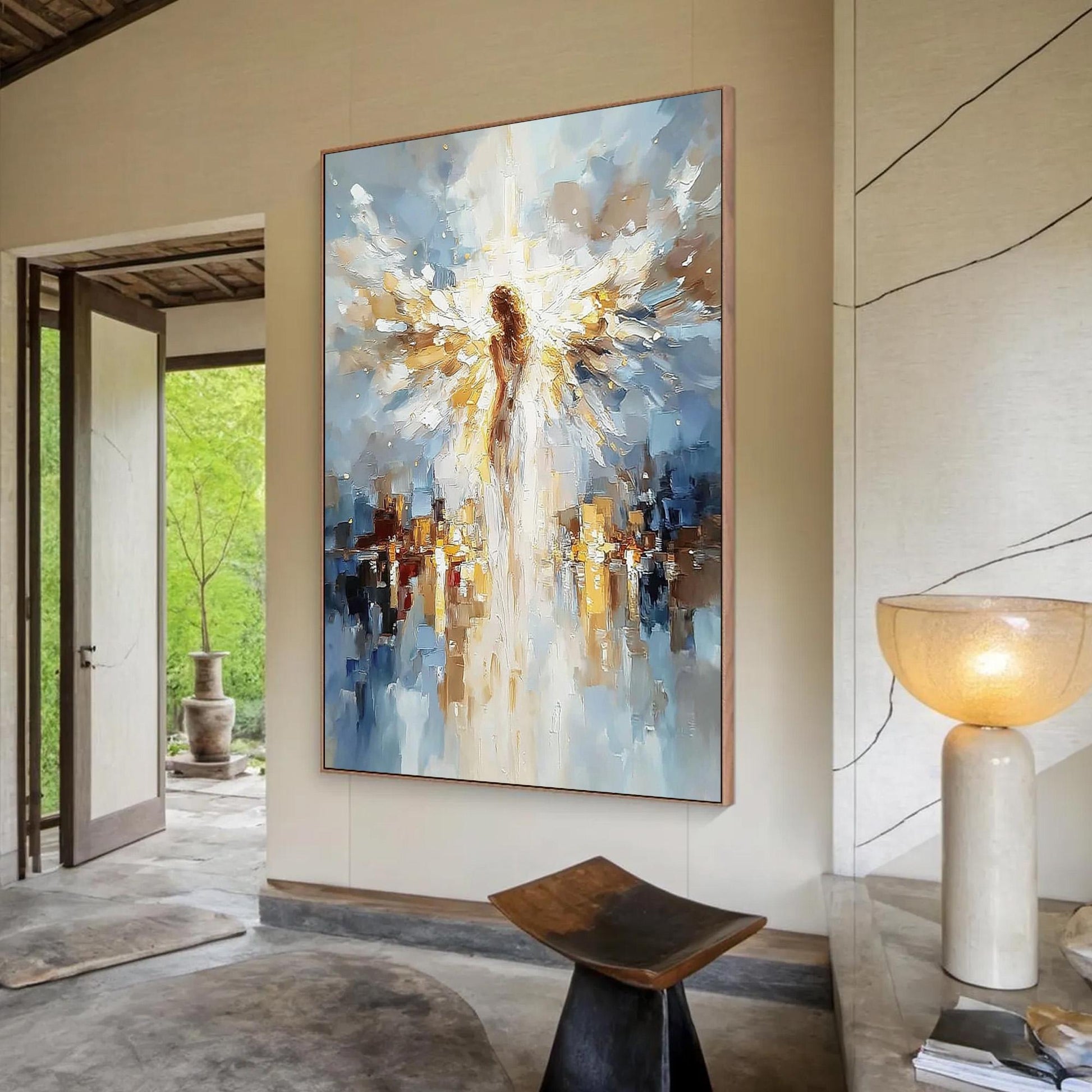 Abstract Angel Painting, Gold Blue Textured Impasto Canvas, Spiritual Wall Art – Blue and Gold Abstract Wall Art | Impasto Pa