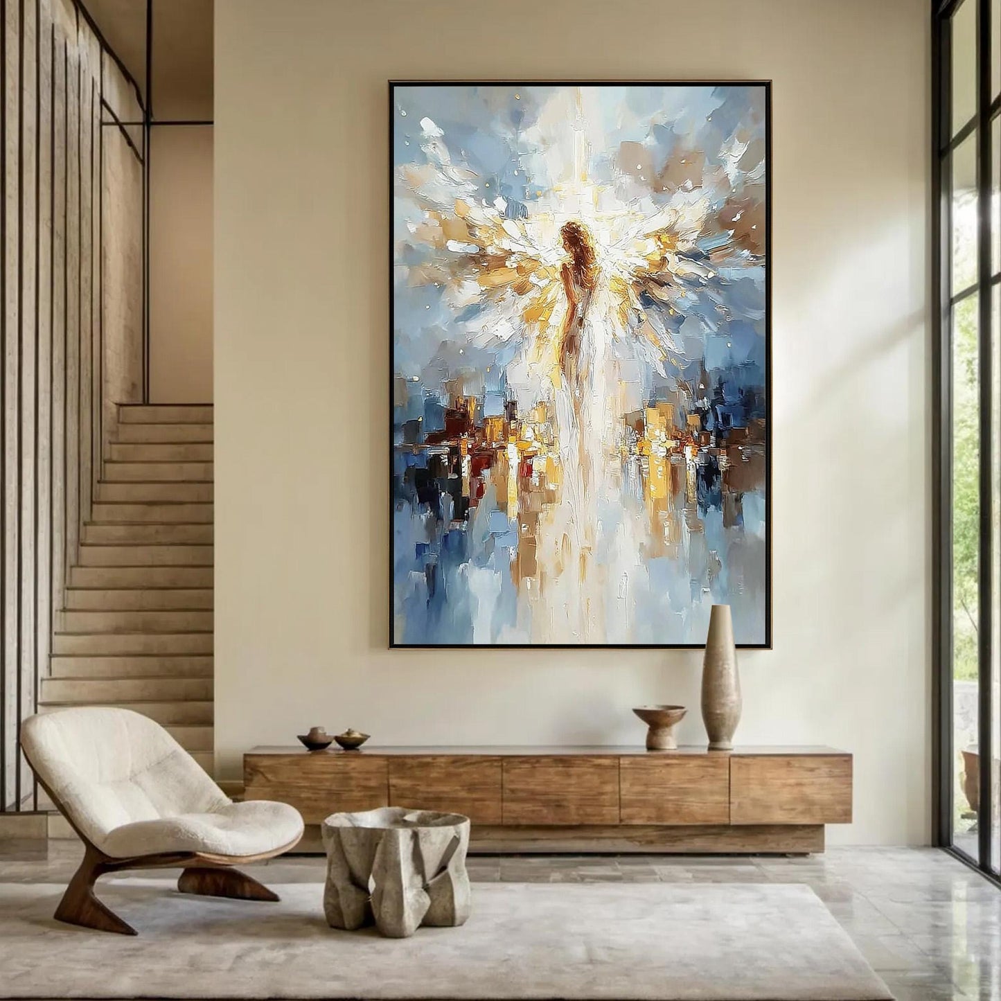 Abstract Angel Painting, Gold Blue Textured Impasto Canvas, Spiritual Wall Art – Blue and Gold Abstract Wall Art | Impasto Pa