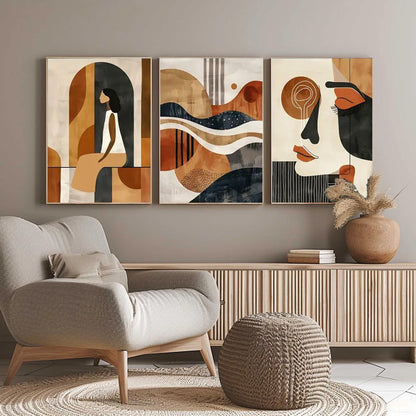 Abstract Triptych Canvas Art, Mid-Century Faces, Geometric Waves, Brown Teal Terracotta Set – Teal and Terracotta Seascape Wa