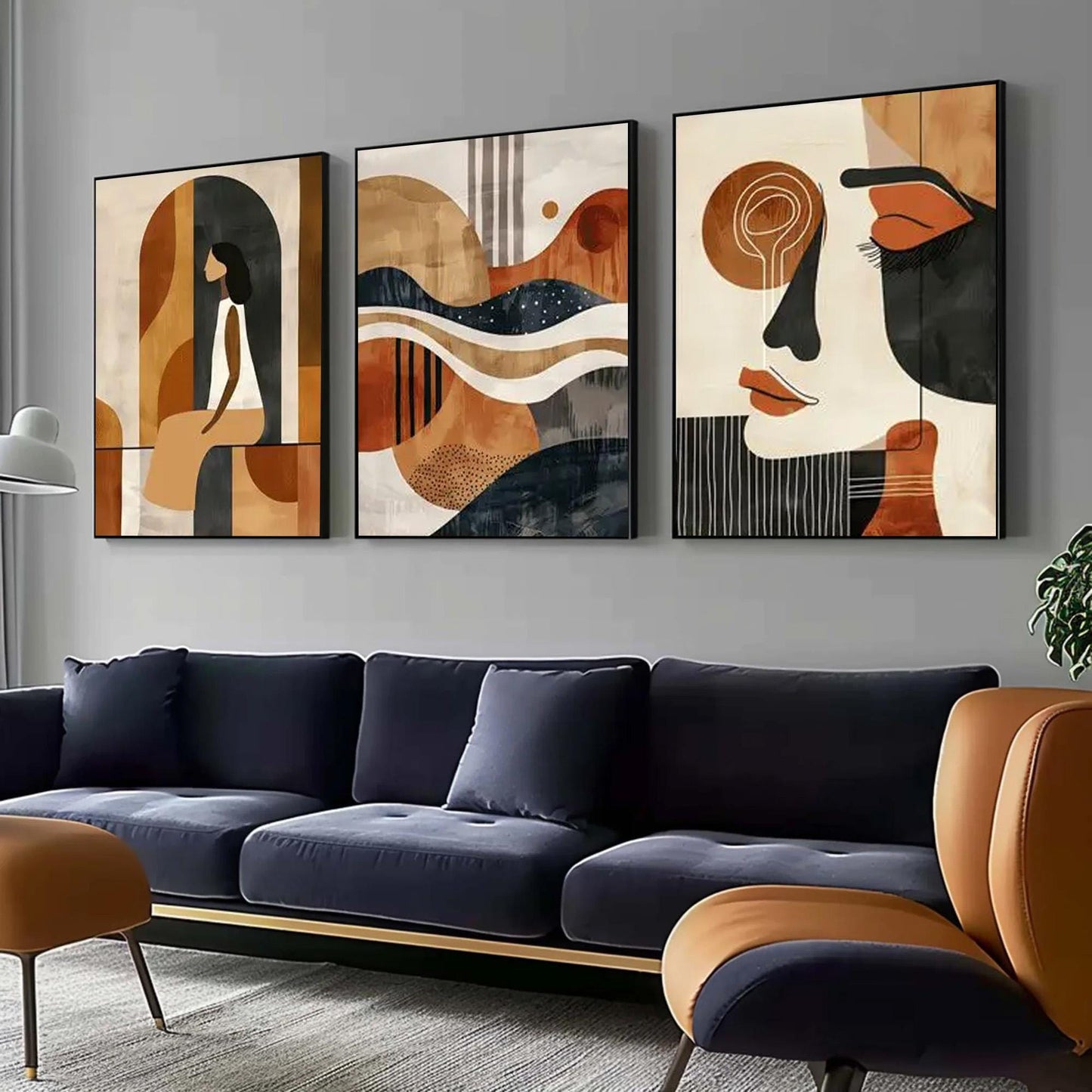 Abstract Triptych Canvas Art, Mid-Century Faces, Geometric Waves, Brown Teal Terracotta Set – Teal and Terracotta Seascape Wa