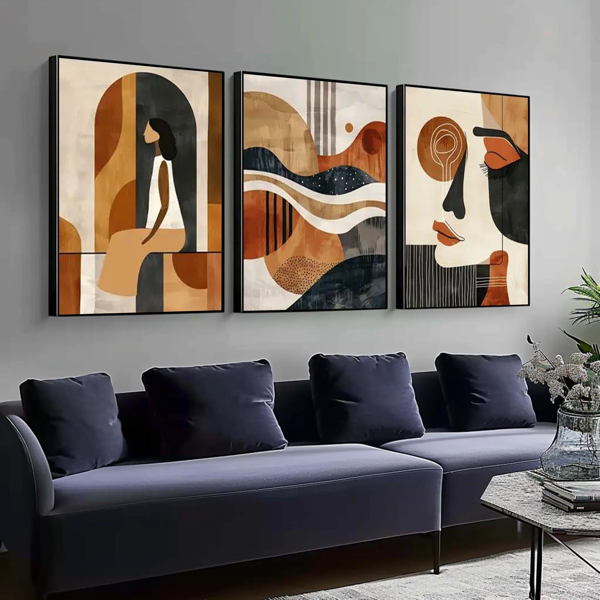 Abstract Triptych Canvas Art, Mid-Century Faces, Geometric Waves, Brown Teal Terracotta Set – Teal and Terracotta Seascape Wa