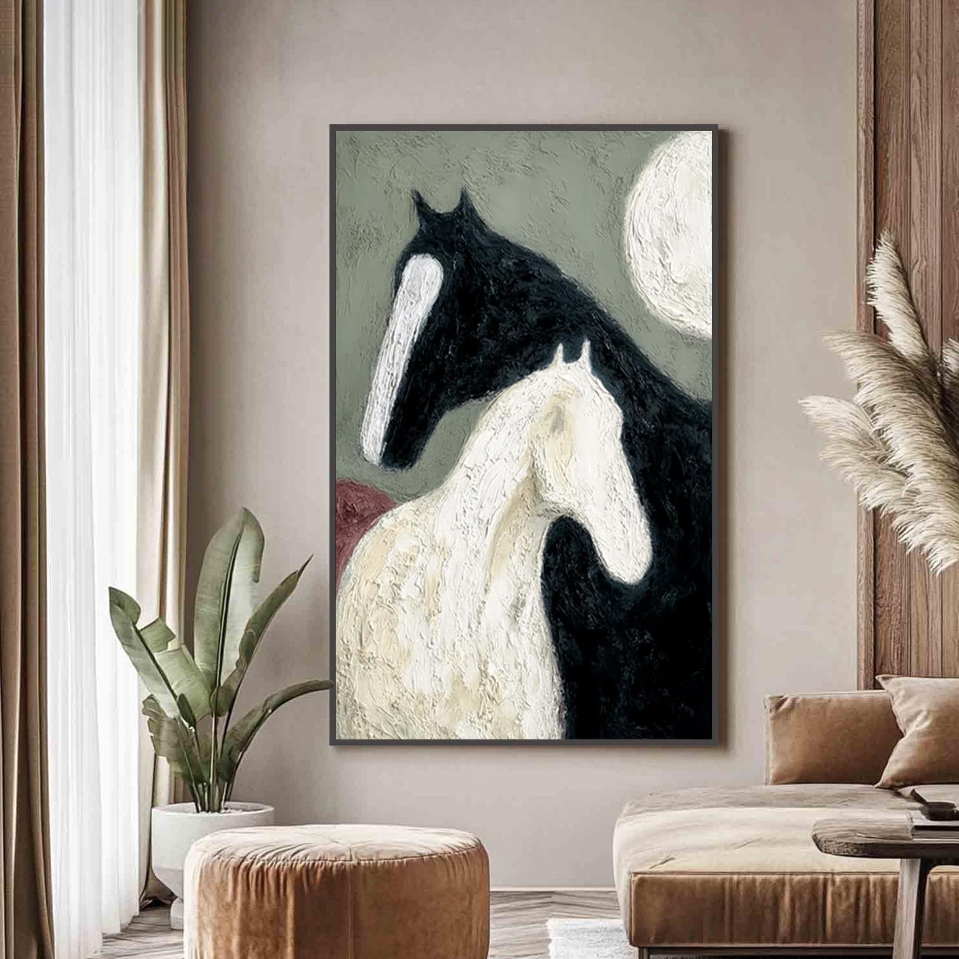 Textured Black White Horse Oil Painting – Sage and Green Moon Minimalist Wall Art | Impasto Hand-Painted Oil Painting, view 2