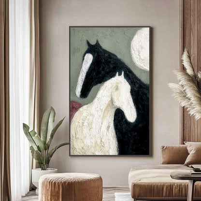 Textured Black White Horse Oil Painting – Sage and Green Moon Minimalist Wall Art | Impasto Hand-Painted Oil Painting, view 2