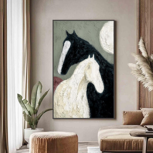 Textured Black White Horse Oil Painting – Sage and Green Moon Minimalist Wall Art | Impasto Hand-Painted Oil Painting, view 2