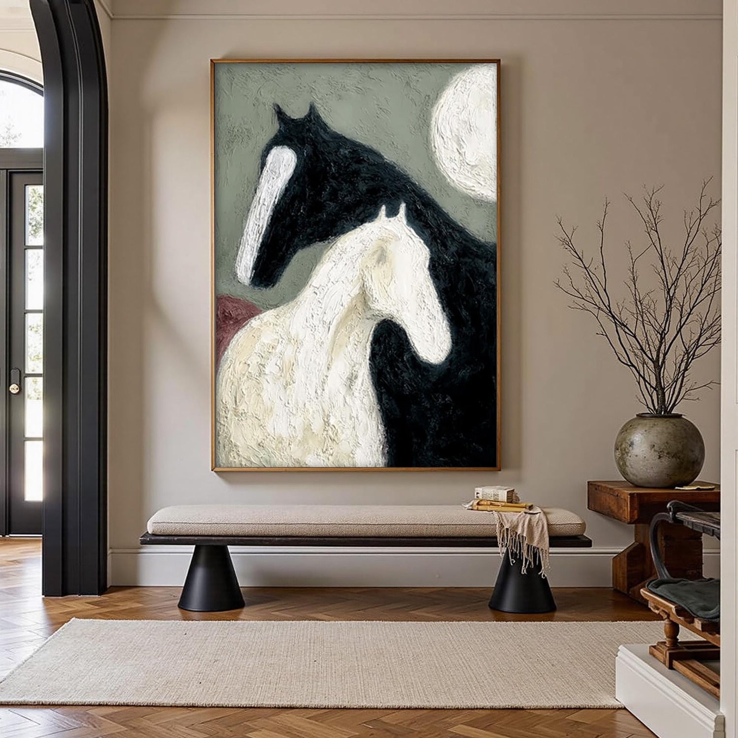 Textured Black White Horse Oil Painting – Sage and Green Moon Minimalist Wall Art | Impasto Hand-Painted Oil Painting, view 1