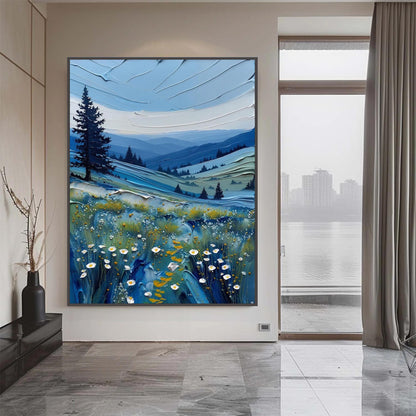 Blue Impasto Meadow Landscape Wall Art – Textured Mountains and Wildflowers Painting