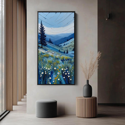 Blue Impasto Meadow Landscape Wall Art – Textured Mountains and Wildflowers Painting