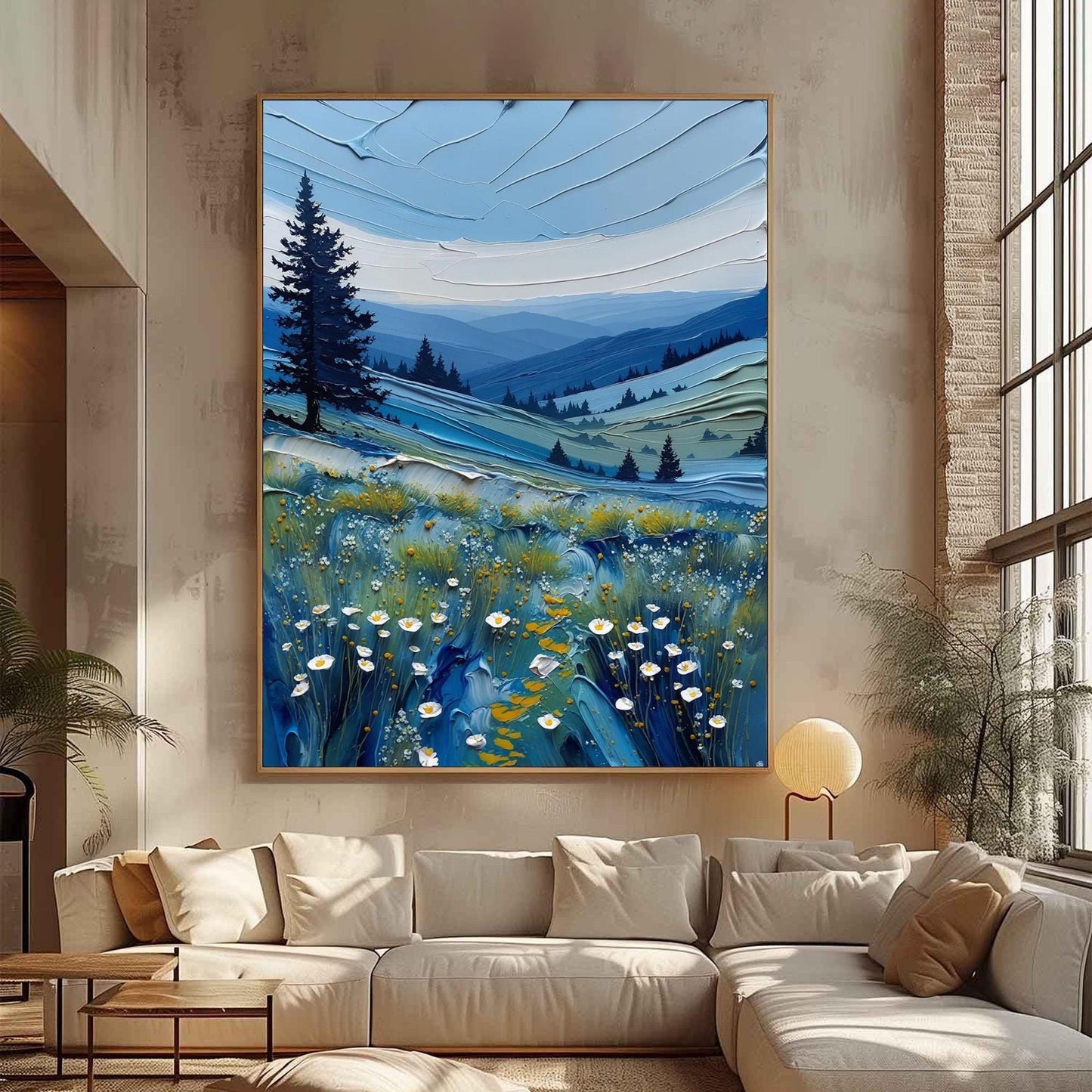 Blue Impasto Meadow Landscape Wall Art – Textured Mountains and Wildflowers Painting