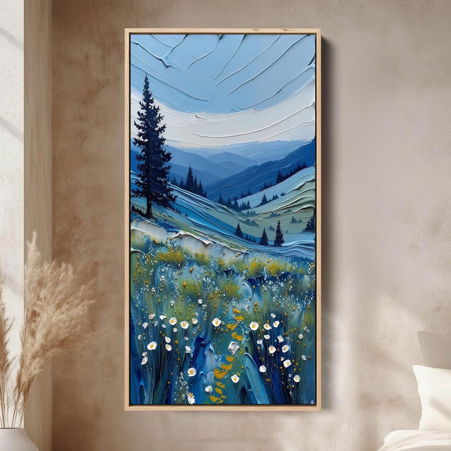 Textured Impasto Landscape Painting, Blue Mountains Floral Meadow Canvas Art – Blue Meadow Landscape Wall Art | Impasto Paint