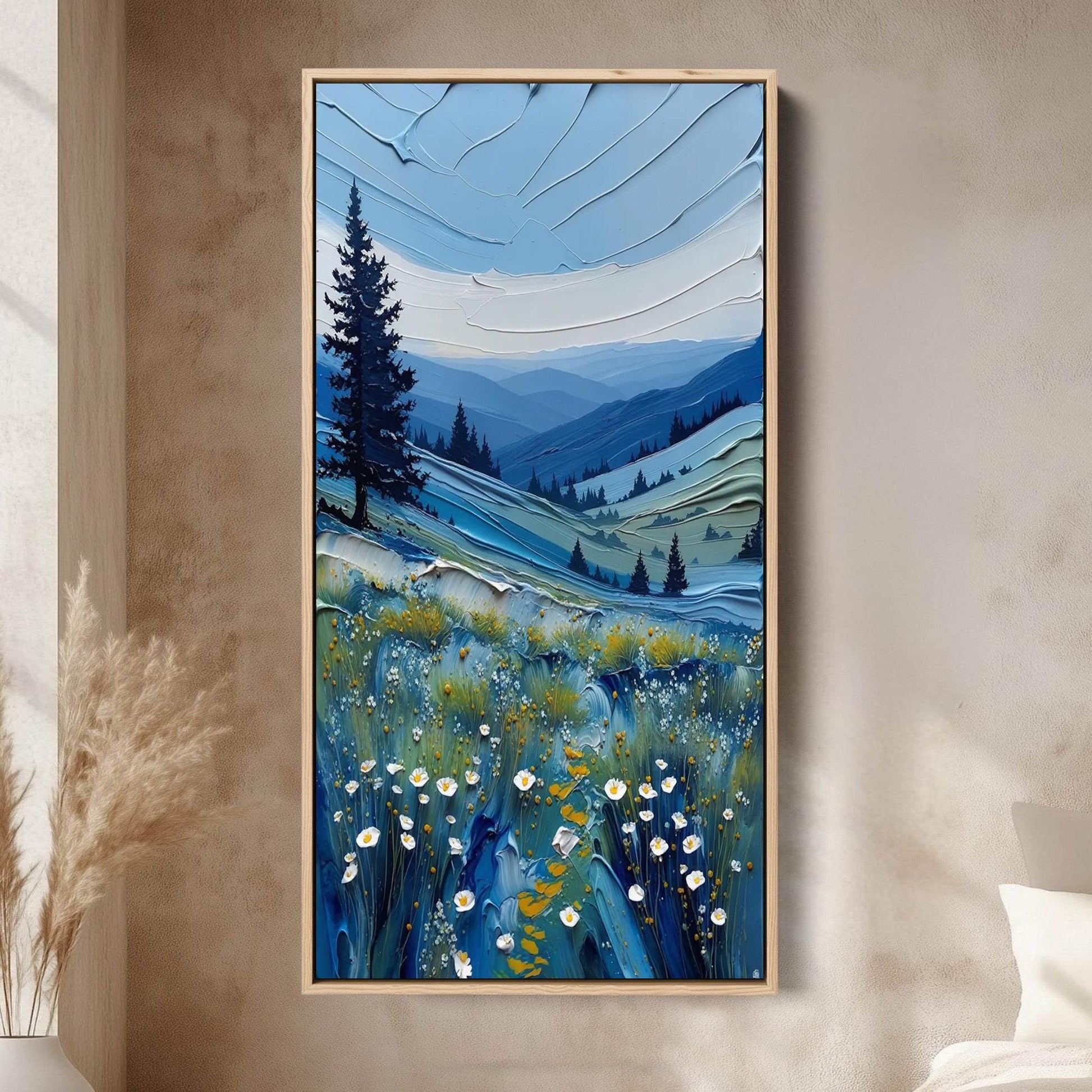 Textured Impasto Landscape Painting, Blue Mountains Floral Meadow Canvas Art – Blue Meadow Landscape Wall Art | Impasto Paint