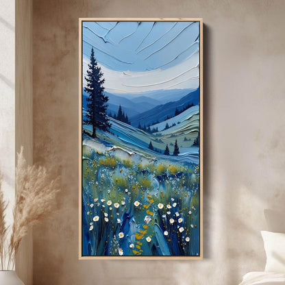 Textured Impasto Landscape Painting, Blue Mountains Floral Meadow Canvas Art – Blue Meadow Landscape Wall Art | Impasto Paint