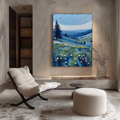 Textured Impasto Landscape Painting, Blue Mountains Floral Meadow Canvas Art – Blue Meadow Landscape Wall Art | Impasto Paint