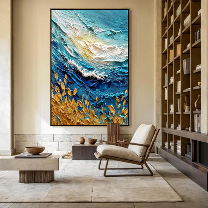 Turquoise and Gold Impasto Ocean Wave Seascape Wall Art