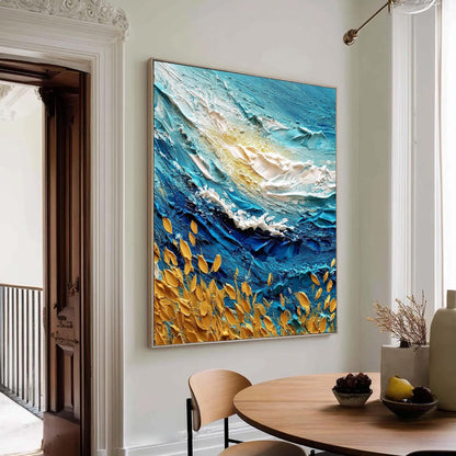 Textured Turquoise Ocean Wave Impasto Painting, Gold Leaf Seascape Canvas Art – Turquoise and Gold Ocean Wave Seascape Wall A