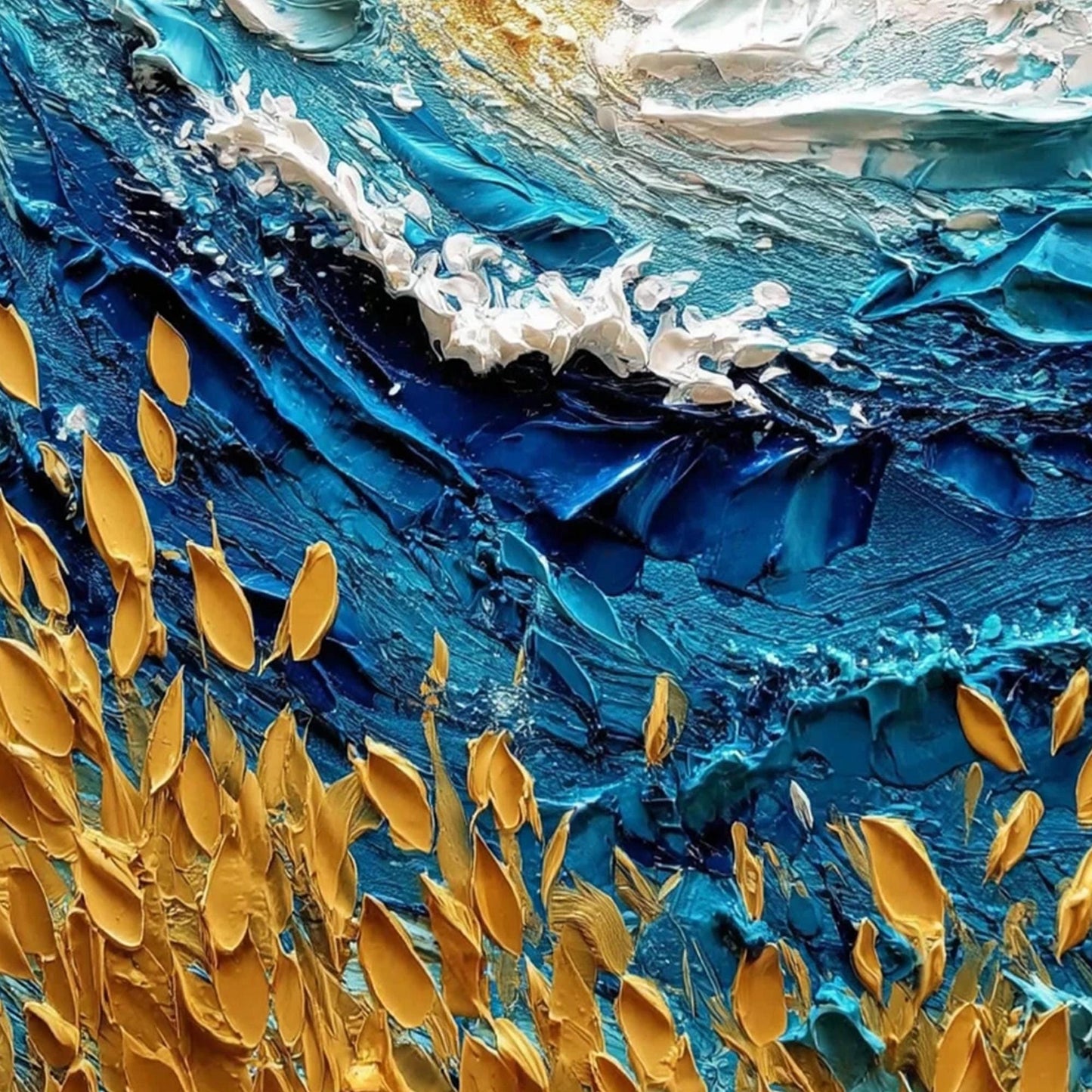 Turquoise and Gold Impasto Ocean Wave Seascape Wall Art