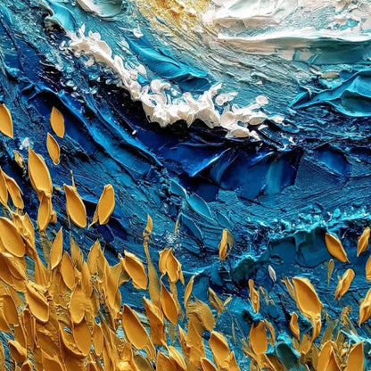 Turquoise and Gold Impasto Ocean Wave Seascape Wall Art