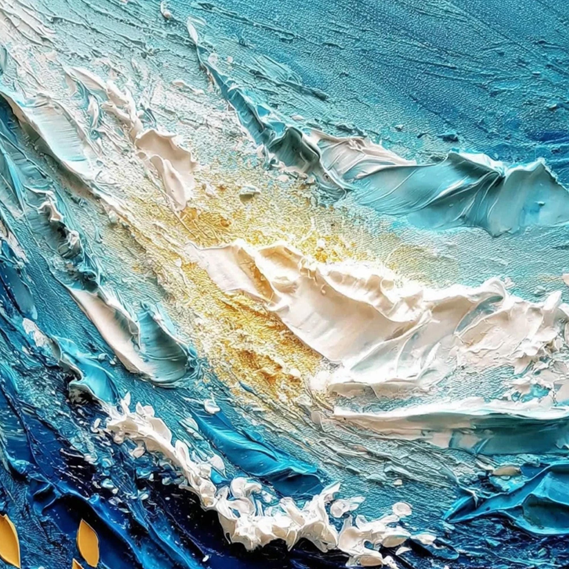 Textured Turquoise Ocean Wave Impasto Painting, Gold Leaf Seascape Canvas Art – Turquoise and Gold Ocean Wave Seascape Wall A