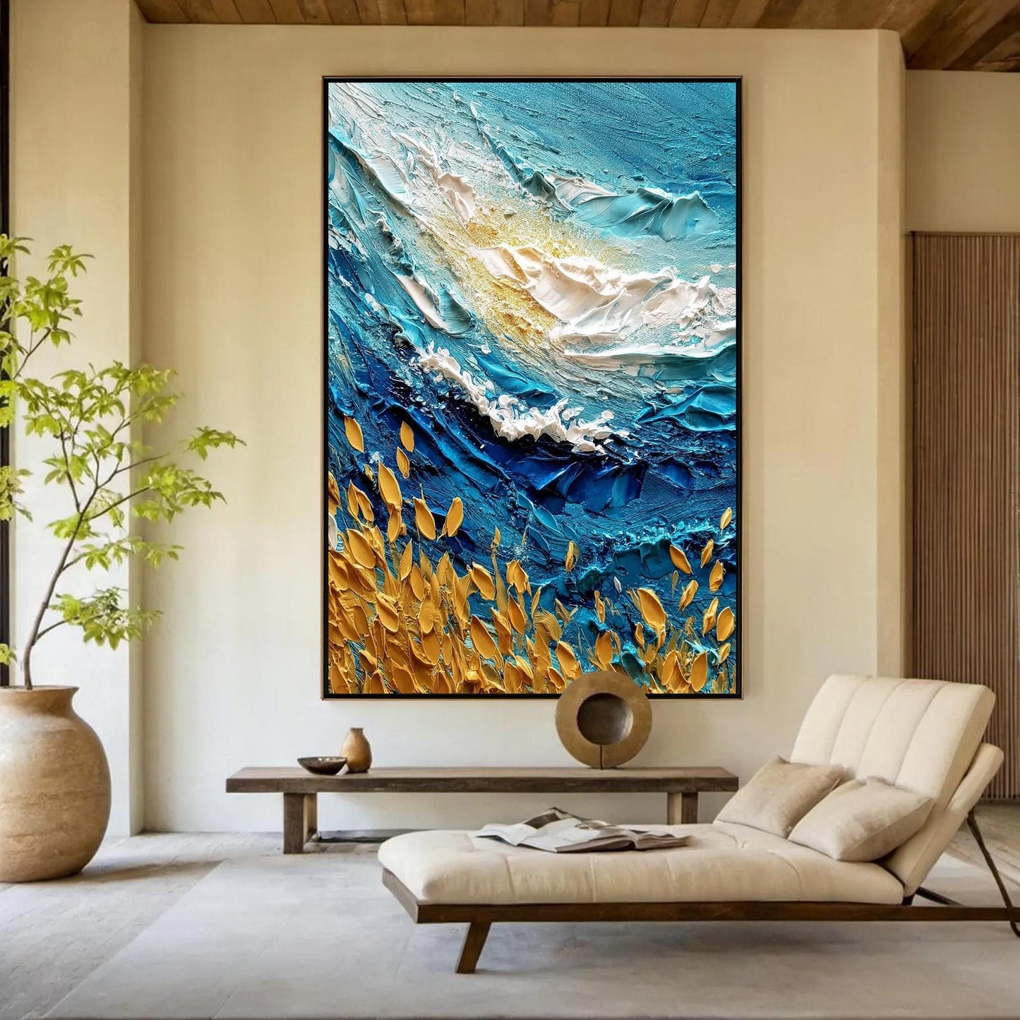 Turquoise and Gold Impasto Ocean Wave Seascape Wall Art
