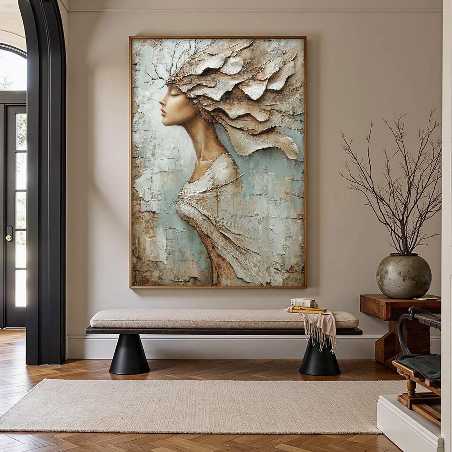 Textured Woman Profile Painting, Palette Knife Art, Blue Taupe Neutrals, Modern Wall Decor – Blue and Taupe Figurative Figure
