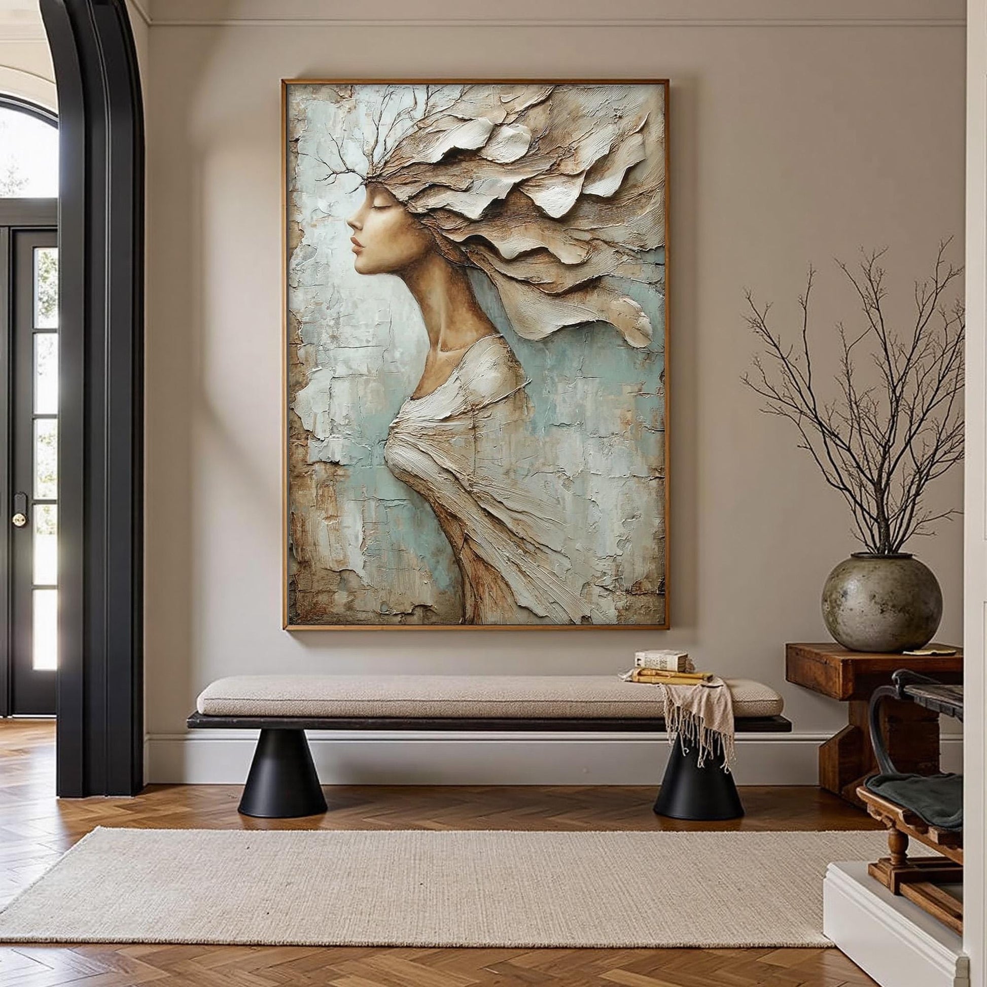 Textured Woman Profile Painting, Palette Knife Art, Blue Taupe Neutrals, Modern Wall Decor – Blue and Taupe Figurative Figure