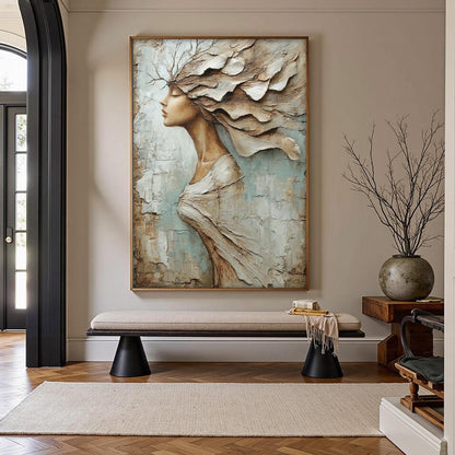 Textured Woman Profile Painting, Palette Knife Art, Blue Taupe Neutrals, Modern Wall Decor – Blue and Taupe Figurative Figure