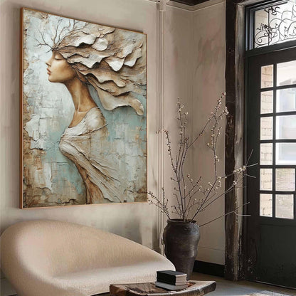 Blue and Taupe Palette Knife Figurative Figure Portrait Wall Art
