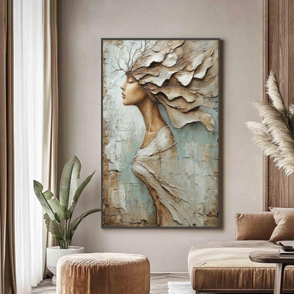 Textured Woman Profile Painting, Palette Knife Art, Blue Taupe Neutrals, Modern Wall Decor – Blue and Taupe Figurative Figure