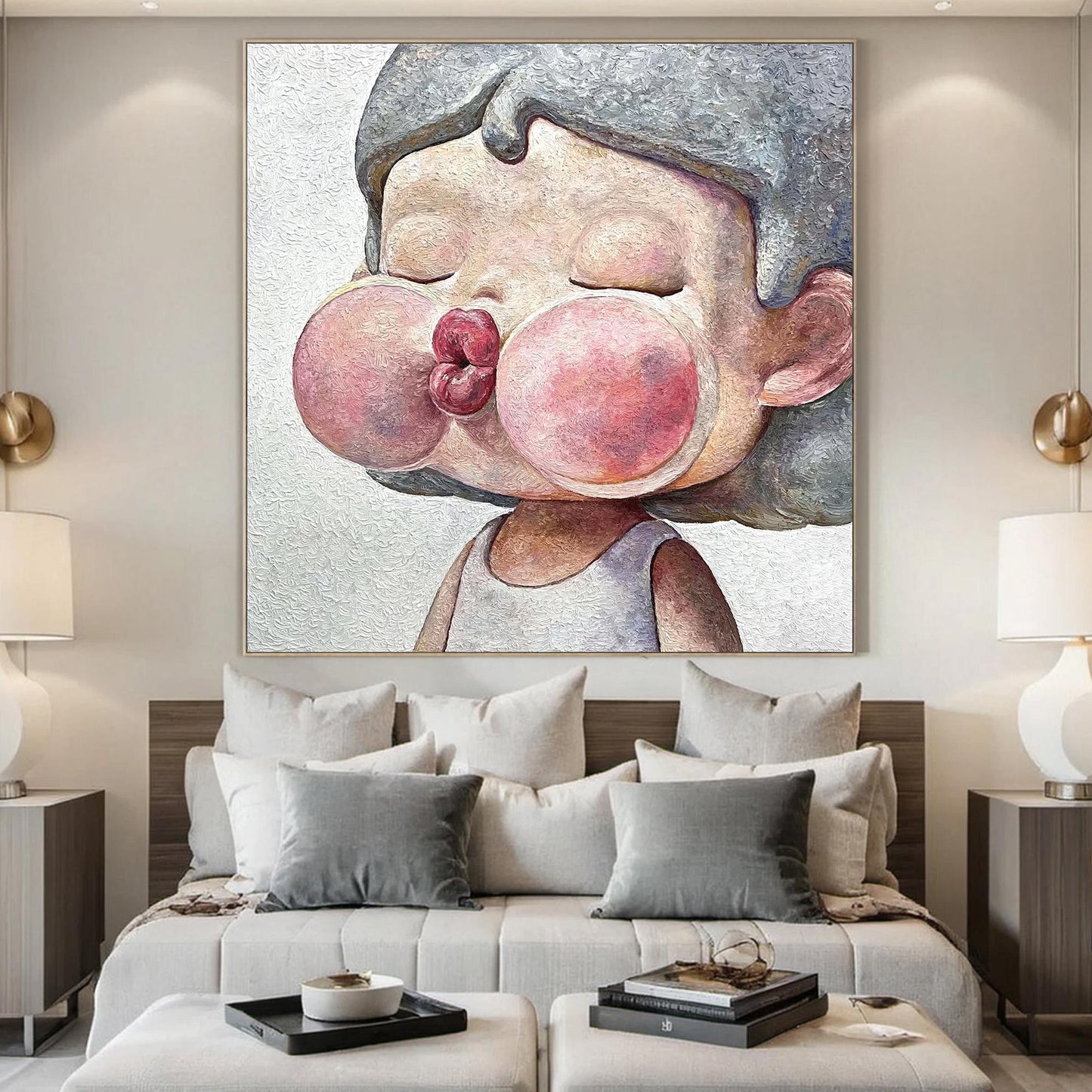 Pink Textured Figure Portrait Wall Art – Kawaii Child Portrait Oil Painting