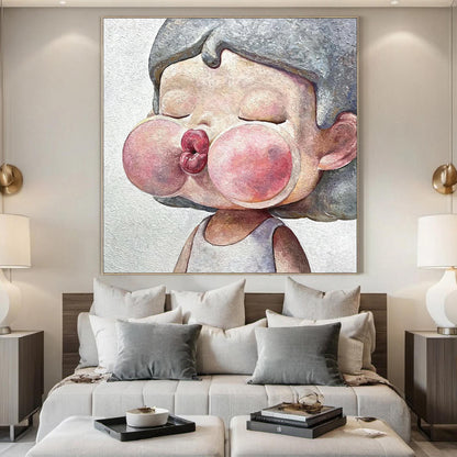 Pink Textured Figure Portrait Wall Art – Kawaii Child Portrait Oil Painting