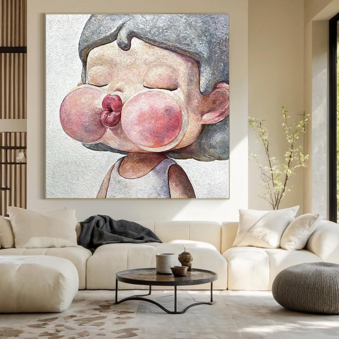 Pink Textured Figure Portrait Wall Art – Kawaii Child Portrait Oil Painting