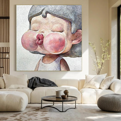 Pink Textured Figure Portrait Wall Art – Kawaii Child Portrait Oil Painting
