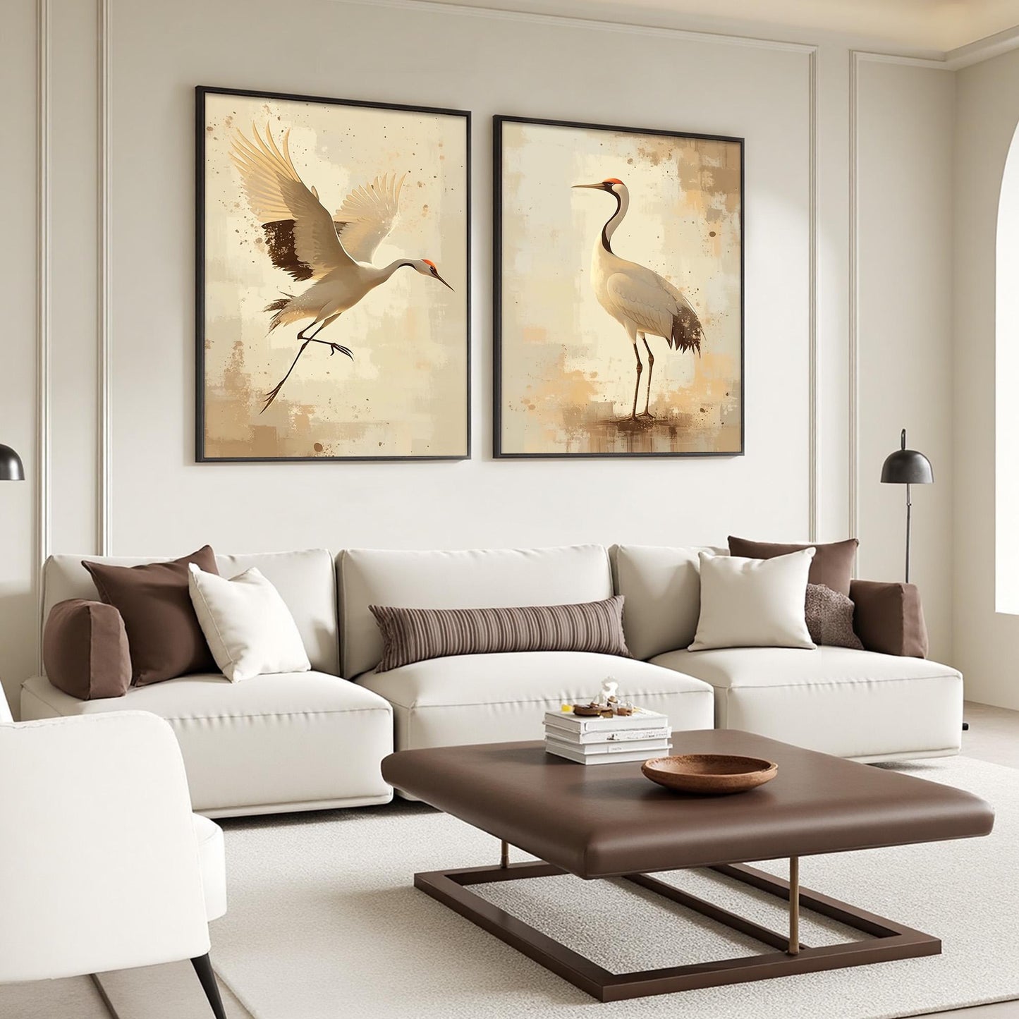 Set of Two Crane Paintings, Beige Gold Bird Wall Art, Minimalist Japanese Style Diptych – Gold and Beige Bird Animal Wall Art