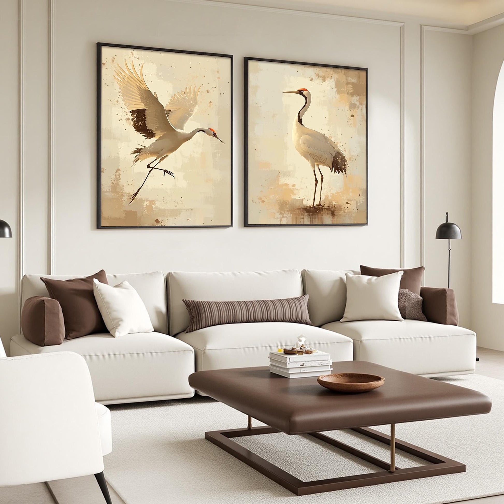 Set of Two Crane Paintings, Beige Gold Bird Wall Art, Minimalist Japanese Style Diptych – Gold and Beige Bird Animal Wall Art
