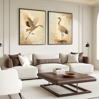 Set of Two Crane Paintings, Beige Gold Bird Wall Art, Minimalist Japanese Style Diptych – Gold and Beige Bird Animal Wall Art